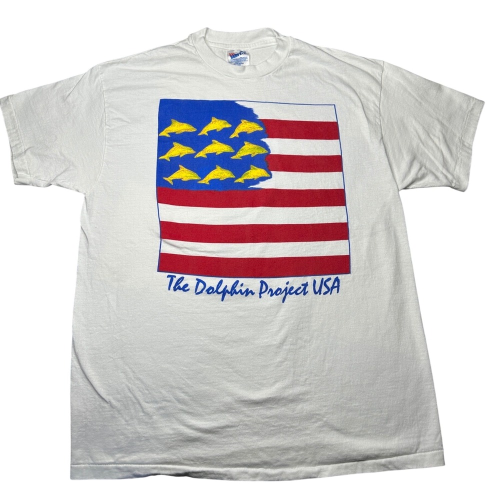 Vintage Hanes Beefy-T Dolphin Project USA Shirt Large White Single Stitch 90s